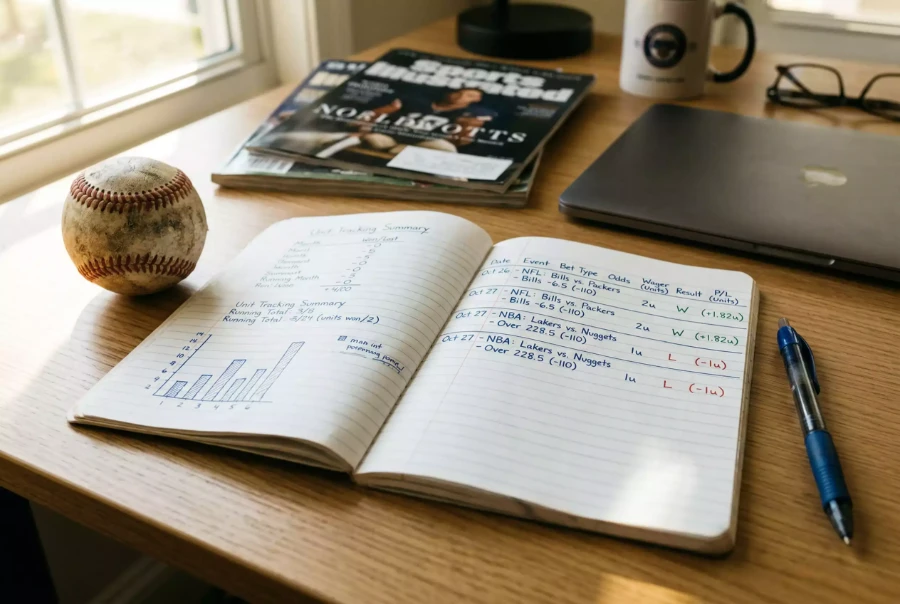 Notizbuch mit Stift und Baseball zur Wettplanung