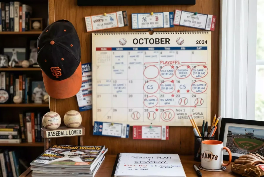 Baseball-Kalender mit markierten Saisondaten und Playoffs