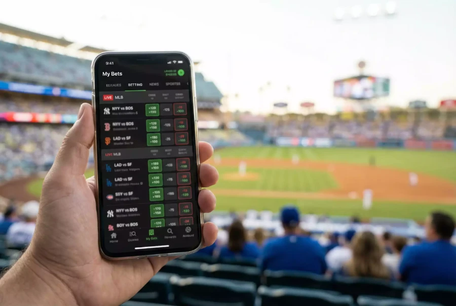 Smartphone mit Baseball-Wetten-App beim MLB-Spiel