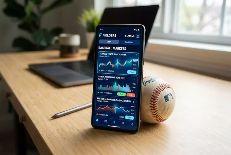 Smartphone mit Prognosemarkt-App und Baseball im Hintergrund