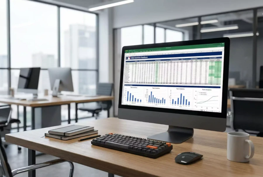 Computer mit MLB-Statistikdatenbank und Analysetools