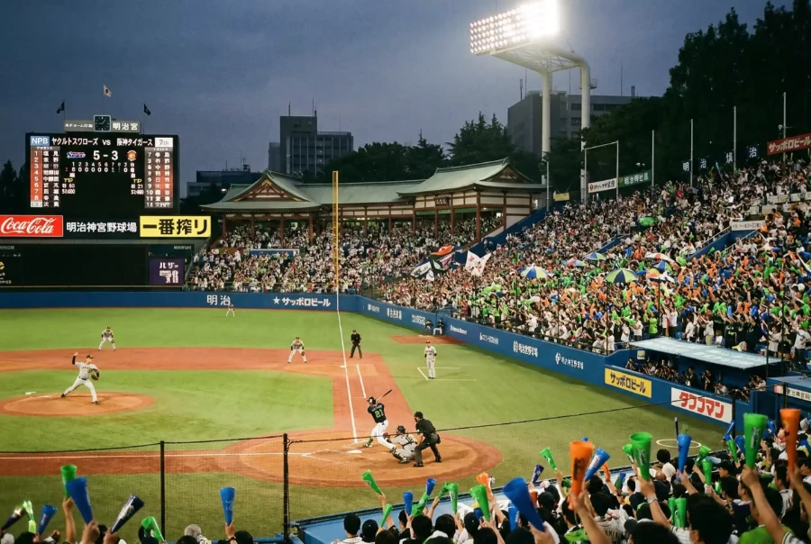 Japanisches Baseball-Stadion mit Spielern auf dem Feld