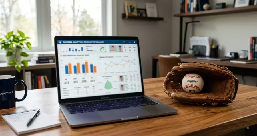 Laptop mit Baseball-Statistiken und Datenanalyse auf dem Bildschirm