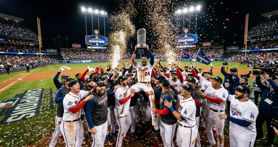 Baseball-Spieler feiern den World Series Sieg auf dem Feld